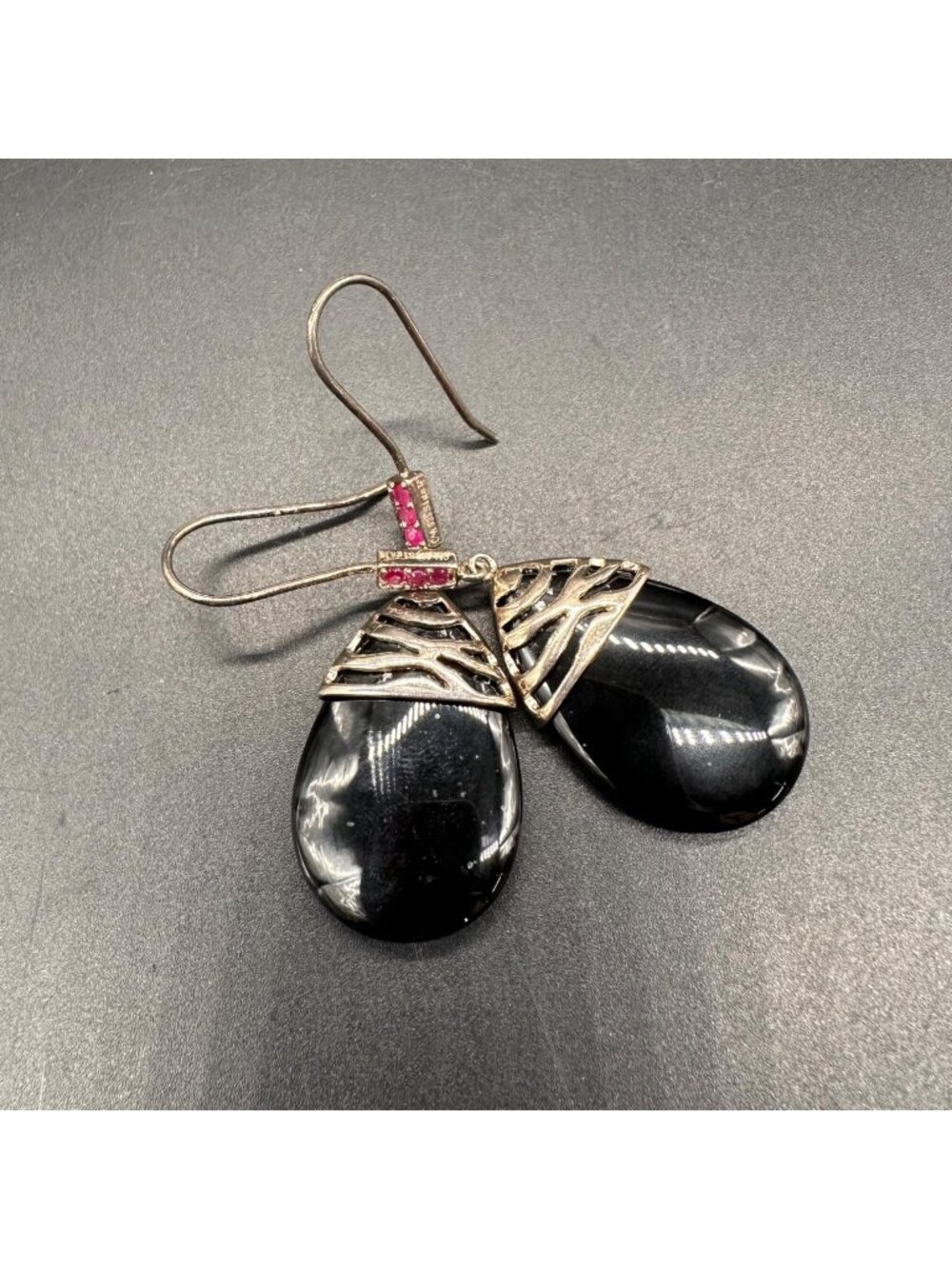 David Sigal Sterling Silver Black Onyx Teardrop Earrings Ruby Accents 925